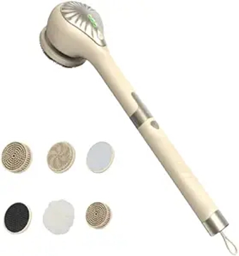 Electric Body Brush Bath Scrubbers, Cordless Waterproof Spin Shower Brush with Detachable Long Handle, with 6 Styles Brush Heads & 3 Speeds for Shower Cleanse Massage