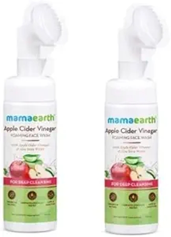 mama...earth face wash apple cider face wash Foaming Face Wash with Apple Cider Vinegar & Aloe Vera Water, ACV Foaming Face Wash with Brush for Deep Cleansing - 150ml pack of 2