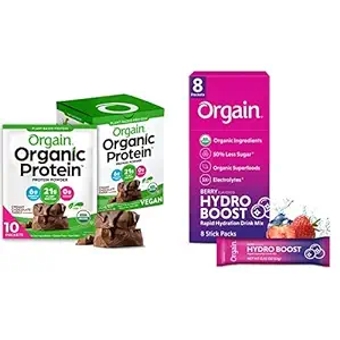 Organic 21g Plant-Based Protein Powder - Chocolate (10 Count) Organic Hydration Powder with Electrolytes + Superfoods - Berry (8 Count) Vegan Travel Packets