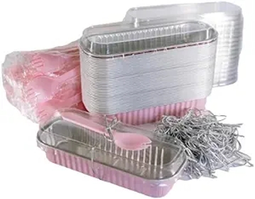 SWEET CHARLOTTE'S BAKESHOP 6” Mini Loaf Pans with Lids (50 Pack) with free digital download Spoons Ties Rectangle Aluminum Foil Baking Pans Tins Containers (Pack Of 50) Individual Disposable Cake