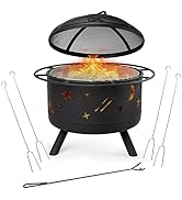 BIRDROCK HOME Round Patio Fire Pit with Cover - Stars & Moon Pattern - 30 Inch - Outdoor Backyard...