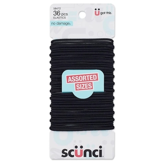 Scunci by  No Damage Assorted Sizes Elastics, for Women and Men, Elastic Hair Ties with No Damage in Black, 36 Pack