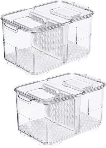 Food Storage Containers Fridge Produce Saver, Stackable Refrigerator Organizer Keeper Foldable lid with Removable Drain Tray for Produce, Fruits, Vegetables 2800 ml - 2 Pack
