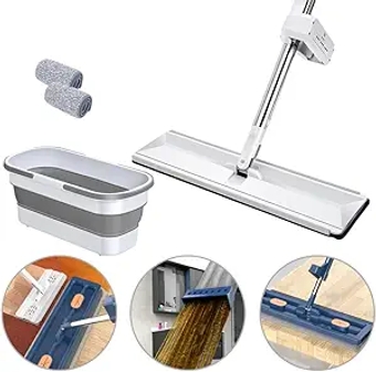 2024 Large Flat Mop 360° Floor Mop Microfiber Floor Mop with Adjustable Handle Mop and Bucket Set Reusable Mop Pad for All Floor Types (White,Mop+2Pads+Bucket)