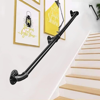 Industrial Pipe Stairway Staircase Handrail - 6.6FT No-Slip Black Metal Hand Rails Indoor Stair - Outdoor Steps Hand Railing, Porch Loft Stair Railing, Deck Banister Rail, Safety Grab Bars
