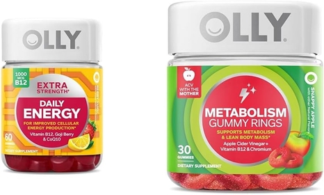 Extra Strength Daily Energy Gummy, Caffeine Free, 1000mcg Vitamin B12, CoQ10, Goji Berry & Metabolism Gummy Rings, Apple Cider Vinegar, Vitamin B12, Chromium, Energy and Digestive Health