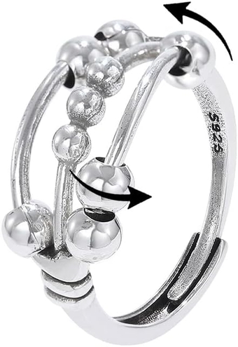 Fidget Rings Anxiety Band Bead Silver Spinning Spinner Ring 3 Beads Moving Decompression Beading Turning Beads Opening Adjustable Index Finger Band for Relieve Men Women Students Anxiety Study Stress and Daily Boredom