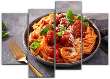 Wall Art Canvas Spaghetti with meatballs and tomato sauce italian pasta Modern Painting 4 Panels Prints Stretched and Framed Artwork for Living Room Office Home Wall Decoration Gift