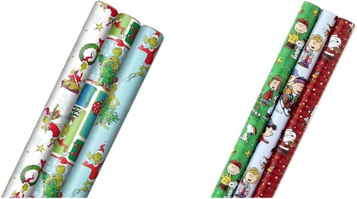 Grinch Wrapping Paper for Kids (3 Rolls: 105 Sq. Ft. Ttl) & Christmas Peanuts Wrapping Paper with Cut Lines on Reverse (Pack of 3, 105 sq. ft. ttl) Snoopy, Charlie Brown, Woodstock