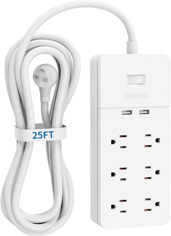 25 Ft Extension Cord Flat Plug, Surge Protector Power Strip with 6 Outlets 2 USB, 1875W/15A Circuit Breaker Overload Protection, 1080J, ETL Listed, Wall Mount for Home Office and Workbench