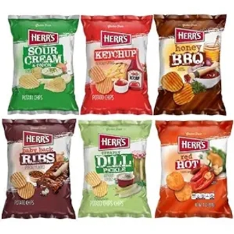 Herr`s Potato Chips & Cheese Curls -,1Oz (Curated by  Snacks Value Pack) (24, Variety Mix of Sour Cream & Onion, Ketchup, Honey BBQ, Baby Back Ribs, Creamy Dill Pickle, Red Hot)