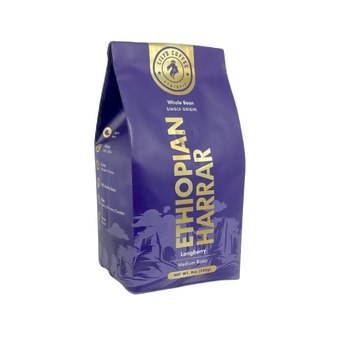 Ethiopian Harrar, Natural Process, Whole Bean, Single-Origin, Medium Roast,100% Arabica Beans, Notes of Blueberry, Dark Chocolate and Soft spice, 8oz Bag