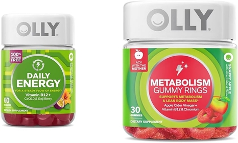 Daily Energy Gummy, Caffeine Free, Vitamin B12, CoQ10, Goji Berry, Adult Chewable Supplement & Metabolism Gummy Rings, Apple Cider Vinegar, Vitamin B12, Chromium, Energy and Digestive Health