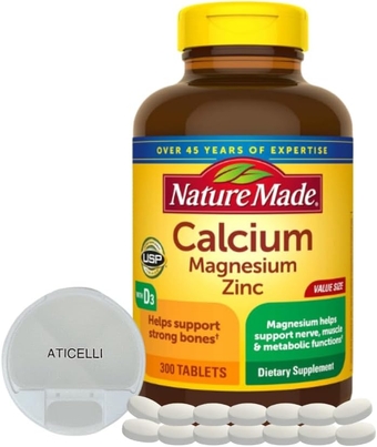Nature Made Calcium Magnesium Zinc D3 Supplement, 300 Tablets Multi Minerals Supplement | Magnesium Calcium Zinc Supplement |Bundle with Aticelli Pill Case, 100 Days Supply | Magnesium Supplement