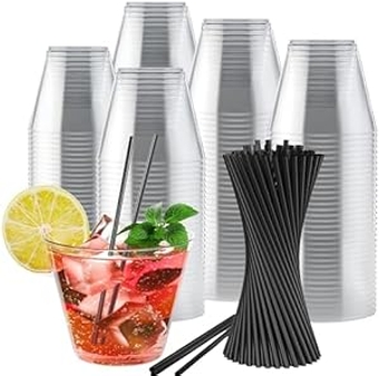 200 Clear Plastic Cups With Straws - Clear Tumbler - 9 Oz Plastic Cups Disposable Cups Plastic Tumblers - Cocktail Cups, Party Cups With Straws - For Parties, Events And Weddings