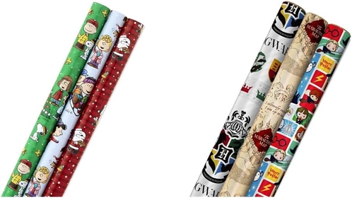 Christmas Peanuts Wrapping Paper (Pack of 3, 105 sq. ft. ttl) Snoopy, Charlie Brown, Woodstock & Harry Potter Wrapping Paper with Cut Lines on Reverse