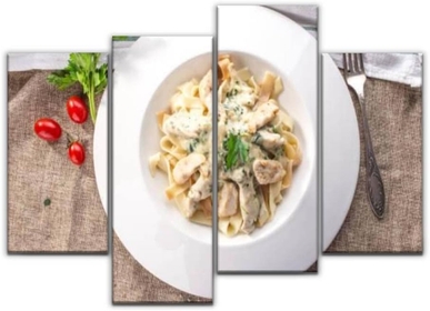 Wall Art Canvas Fettuccine pasta with chicken and cheese sauce on white plate on Modern Painting 4 Panels Prints Stretched and Framed Artwork for Living Room Office Home Wall Decoration Gift