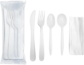 White Plastic Cutlery Set - Elegant Disposable Silverware for 250 Guests, with Napkin, Fork, Soup Spoon, Knife, and Teaspoon - Plastic Serving Utensils for Weddings, Holiday Dinners
