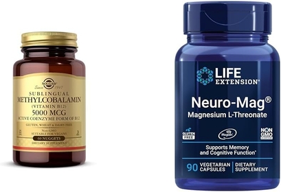 Methylcobalamin Vitamin B12 5000 mcg Nuggets - Supports Energy, Active B12 Form, Non-GMO & Life Extension Neuro-mag Magnesium L-threonate, Magnesium L-threonate, Brain Health