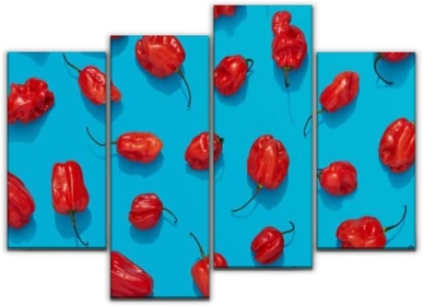 Wall Art Canvas Habanero peppers on blue red chili flat lay Modern Painting 4 Panels Prints Stretched and Framed Artwork for Living Room Office Home Wall Decoration Gift