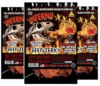 INFERNO XXX Carolina Reaper  – Beef  (1.5 oz 3 pk) Made with the the HOTTEST PEPPER in the WORLD!! Seasoned with a special blend of Real Carolina Reaper Peppers and tasty spices.