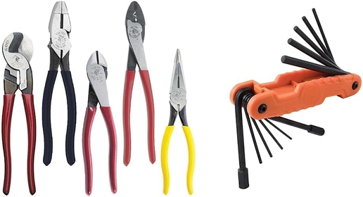 Dipped Plier Kit, Diagonal-Cutting, Needle-Nose, Side-Cutting High Leverage Linesman Pliers, Cutter and Crimper, 5-Piece & 70550 Hex Wrench Key Set, 11 SAE Sizes, Heavy Duty Folding Allen Wrench Tool