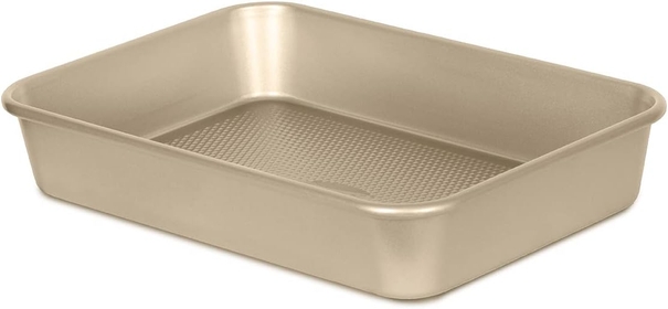 Baking Pan Nonstick - Oblong Metal Dish for Cake and Lasagna - Heavy Duty Carbon Steel Bakeware, Small, Gold
