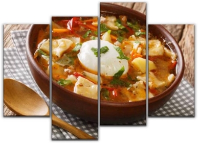 Wall Art Canvas Homemade Pantruca Chilean soup with vegetables ground beef noodles and Modern Painting 4 Panels Prints Stretched and Framed Artwork for Living Room Office Home Wall Decoration Gift