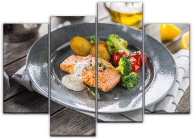 Wall Art Canvas Roasted salmon fillet broccoli tomatoes and fried potatoes with dill Modern Painting 4 Panels Prints Stretched and Framed Artwork for Living Room Office Home Wall Decoration Gift