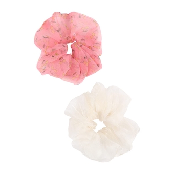 Hair Tie Scrunchie Ponytail Wrap Holder - Fabric Scarf Bow Flower, Chiffon Leopard, Pearl Tube Ring Elastic Hair Band (Scrunchies 2 Set - Scrunchies 2 Set - Cherry Pink/White 1)