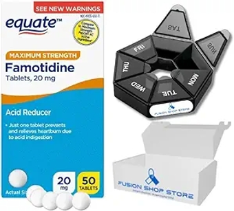 Famotidine 20mg - Maximum Strength Tablets, 50 ct (1 Pack) Equate Acid Reducer for Heartburn Relief, Set with Fusion Shop Store Week case (1)
