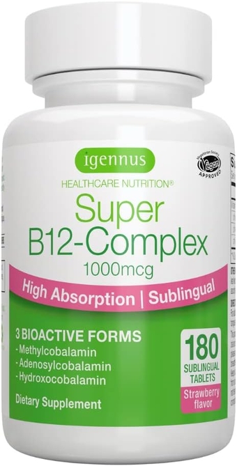 Super B12-Complex 1000mcg, Sublingual Vitamin B12, Methylcobalamin, 180 Servings, Adenosylcobalamin & Hydroxocobalamin, Clean Label, High Absorption Sugar-Free Melts, Vegan, by Igennus