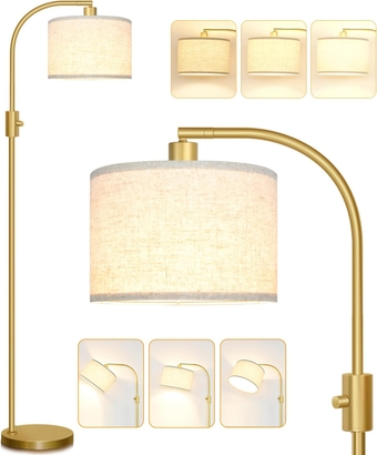 【Upgraded】 Dimmable Floor Lamp, 1200 Lumens LED Bulb Included, Gold Arc Floor Lamps for Living Room Modern Standing Lamp with Linen Shade, Tall Lamp for Living Room Bedroom Office Reading Room Nursery
