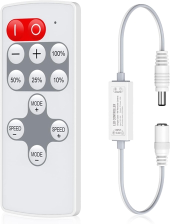 Mini RF Remote Controller for Single Color LED Strip Lights, DC 5-24V, 12-Key Wireless Dimmer with Dynamic Effect Mode, PWM Dimming Control, Ideal for Room, Home, Cabinet, DIY