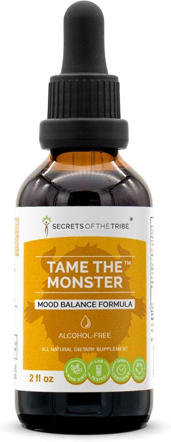 Tame The Monster Alcohol-Free Extract, Tincture, Glycerite Ashwagandha,St. John's Wort, Eleuro Siberian Ginseng, Ginkgo, Valerian, Mucuna. Mood Balance Formula (2 FL OZ)