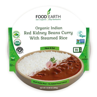 Food Earth Ready to Eat Indian Cuisine - Red Kidney Beans Curry with Steamed Rice Meal - Microwavable, Pre-packaged & Lunchable- Organic, Vegan, Gluten, GMO-Free, Plant-Based -10.58 oz each, Pack of 6