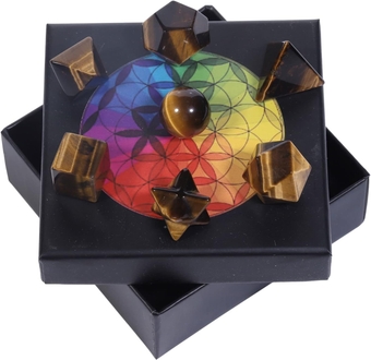 7 PCS Tiger's Eye Crystal Platonic Solids Sacred Geometry Set, Polished Tumbled Stones with Merkaba Star Kit for Reiki Healing and Meditation