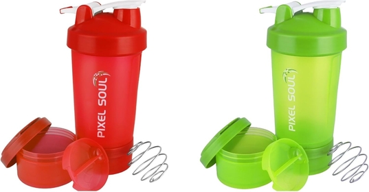 [2 Pack] 16-oz Shaker Bottle with Attachable Storage Compartments Sports Bottle with Dual Compartment Storage and Leakproof Lid - Portable Water Bottle with Mixing Ball and Pill Tray (Red+Green)