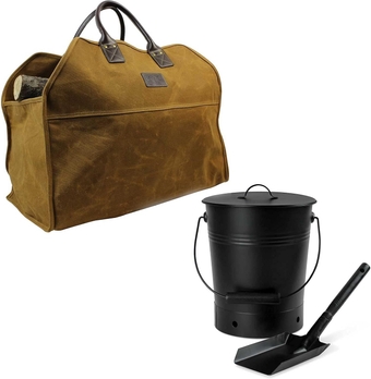 Ash Bucket with Lid and Wood Handle Coal Shovel and Heavy Duty Wax Canvas Log Carrier Tote