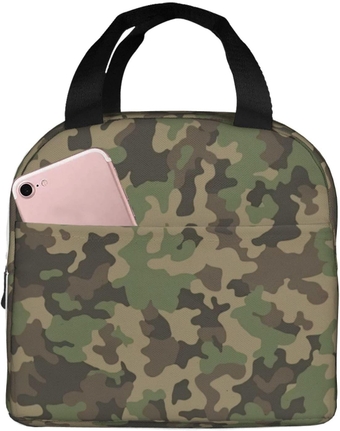 Green Camo Lunch Bag Box Reusable Insulated Lunch Tote Bag,Leakproof Thermal Sack Food Case High Capacity