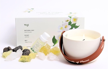 Jasmine Candle & Crystals Harmony Set - Dual Aromatherapy Experience with Lava Stones, Crystals & Essential Oil. Scented Candles Gift Set for Women, Natural Soy Non-Toxic, Long-Lasting Fragrance