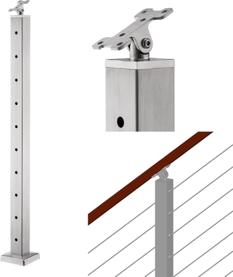 Cable Railing Post for Steps - Stainless Steel Square Fence Post for Deck Stair Cable Railing System, Angle Adjustable Top 36"x 2"x 2" Brushed Finish 10 Holes 30°Angle Pre-Drilled