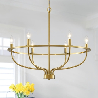 Gold Candle Chandelier, Modern Farmhouse 6 Lights Industrial Dining Room Light Fixture Over Table, 28.5" Pendant Vintage Hanging Lighting for Kitchen Island Living Room Bedroom