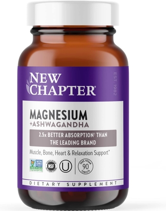 Magnesium + Ashwagandha Supplement, 325 mg with Magnesium Glycinate, 2.5x Absorption, Muscle Recovery, Heart & Bone Health, Calm & Relaxation, Gluten Free, Non-GMO - 90 ct (3 Month Supply)