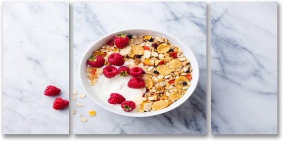 3 Piece Canvas Wall Art Prints Picture Healthy breakfast Fresh granola muesli yogurt berries marble Top view Stretched & Framed Painting Poster Artwork Home Decor for Living Room Ready to Hang