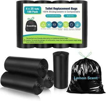100 Portable Toilet Bags with Drawstring & Lemon Scent, Biodegradable Camping Toilet Bags for Portable Potty, 8 Gallon Thickened Compostable Bags for 5 Gallon Bucket Toilet Adults Outdoor Camping Car