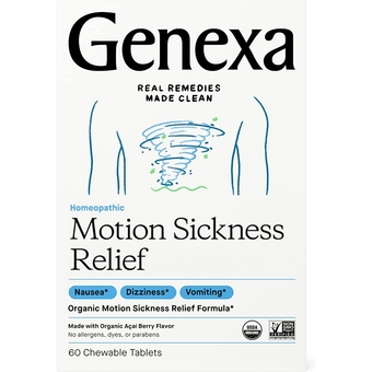 Motion Sickness Relief - 60 Chewable Tablets - Multi-Symptom Nausea Medicine - Certified Vegan, Organic, Gluten Free & Non-GMO - Homeopathic Remedies
