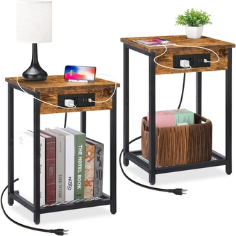 Nightstands Set of 2, End Table with Charging Station & USB Ports, 2 Tier Narrow Side Tables Bedroom with Storage Shelf, Bedside Tables for Bedroom, Living Room, Sofa Couch(Rustic Brown)