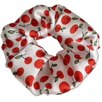 100% Mulberry Silk Scrunchies for Women's Hair Floral Print Satin Silk Thick Elastic Hair Ties 19 Momme 3CM (Cherry)