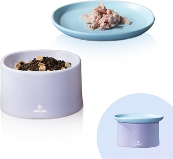 Ceramic Cat Bowl, Combined Type Elevated Cat Bowl, Whisker Fatigue Cat Bowl for Indoor Cats, Dishwasher and Microwave Safe, One Elevated Cat Bowl and One Dish